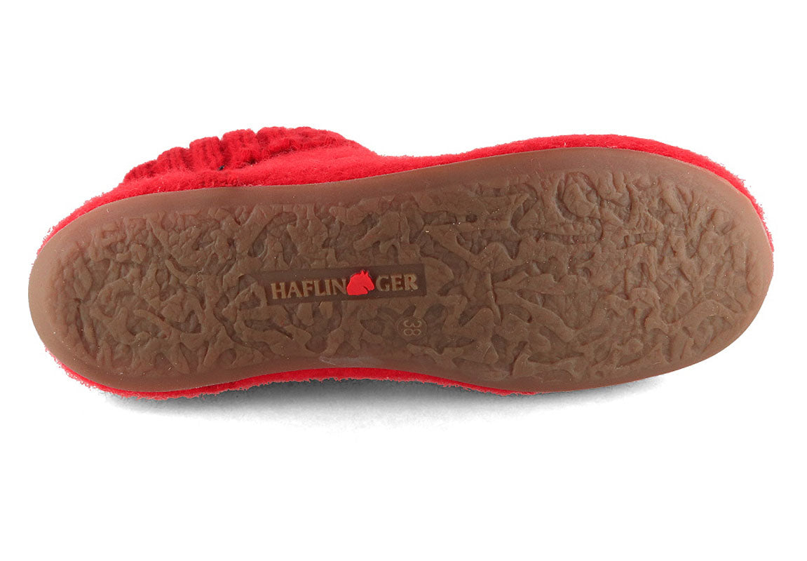 HAFLINGER Everest Karlo Wool Slipper Boots in Ruby, wool felt, outsole view; pair lifestyle layout