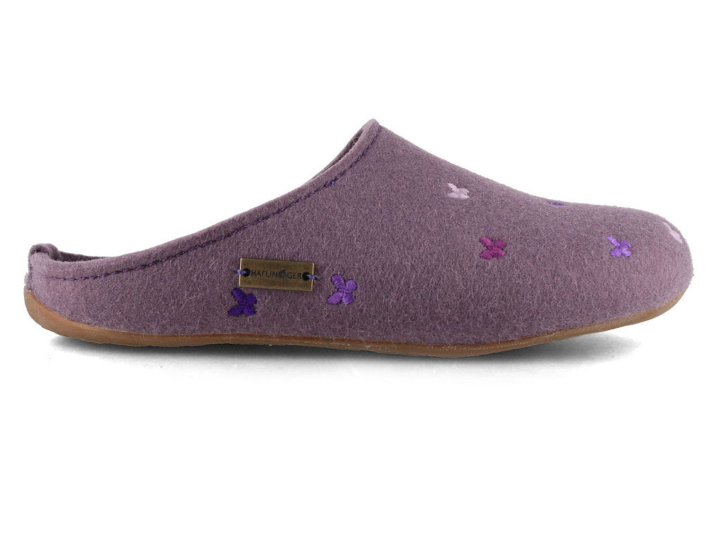 HAFLINGER Farfalline Women's Wool Felt Slippers in Eggplant, outer side profile