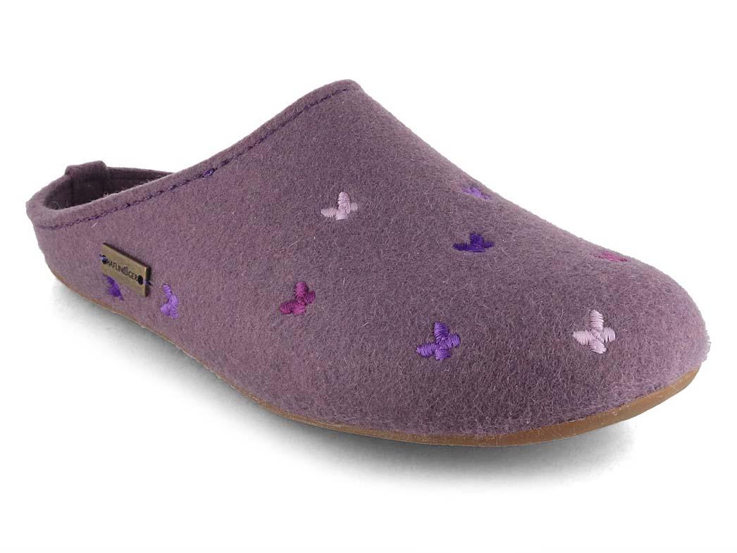 HAFLINGER Farfalline Women's Wool Felt Slippers in Eggplant, front three-quarter view