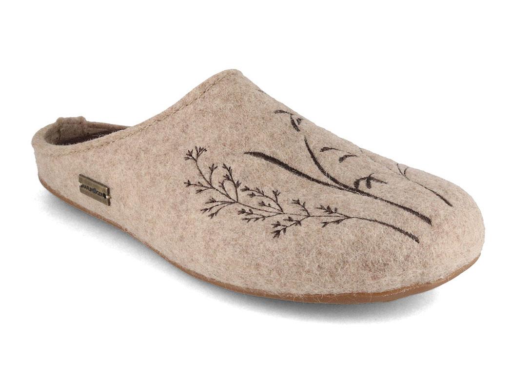 HAFLINGER Everest Botanica beige showing a beige closed-back upper with a botanical branch motif