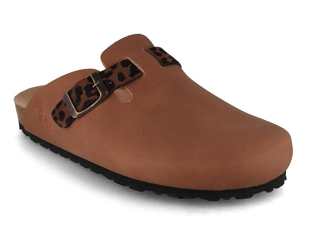 thies Eco Bio showing a cinnamon-brown clog upper with a dark leopard-pattern accent