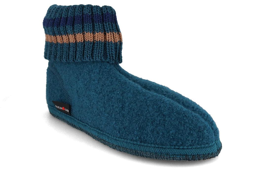 HAFLINGER Paul showing a turquoise ankle-high wool upper with a striped knitted cuff