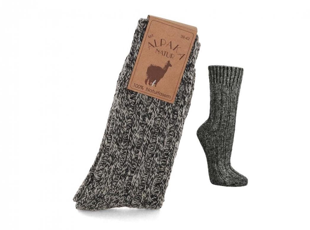 WoolFit Extra-Warm Alpaca Wool Socks showing black-and-white melange rib-knit calf-length socks