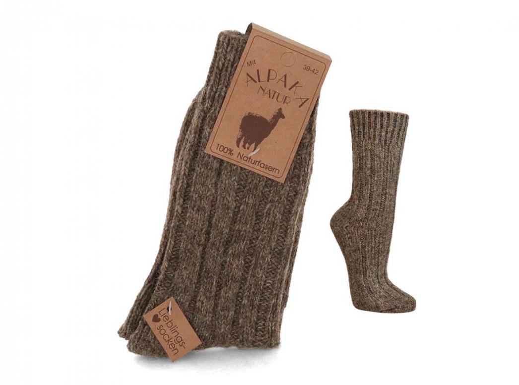 WoolFit Extra-Warm Alpaca Wool Socks showing brown-melange rib-knit calf-length socks