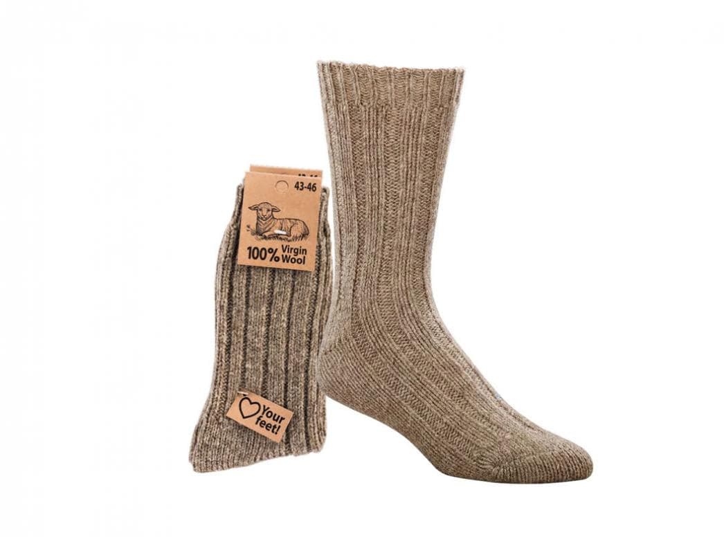 WoolFit Extra-Warm Lambswool Socks showing brown rib-knit calf-length socks