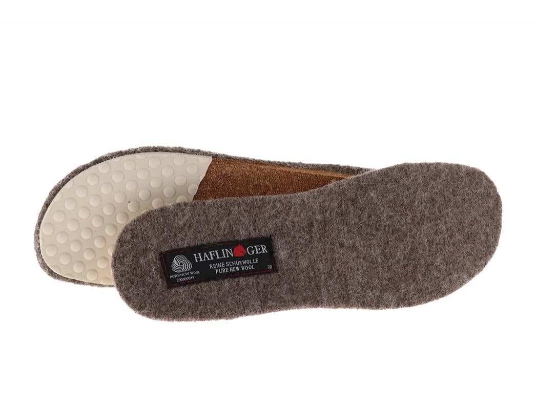 HAFLINGER Everest replacement footbeds with a graphite-gray wool top and a light beige cork underside