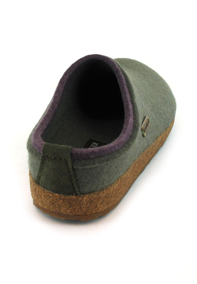 HAFLINGER Grizzly Kris wool felt clog in kiwi, rear three-quarter view