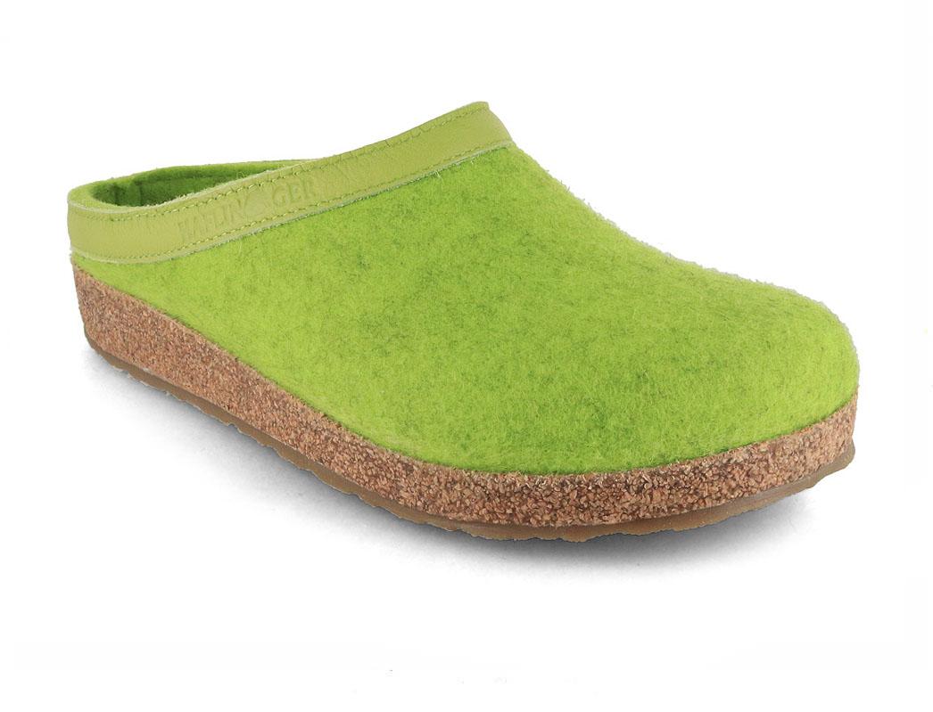 HAFLINGER Grizzly Torben showing a bright canary-green felt upper with a contrasting green collar