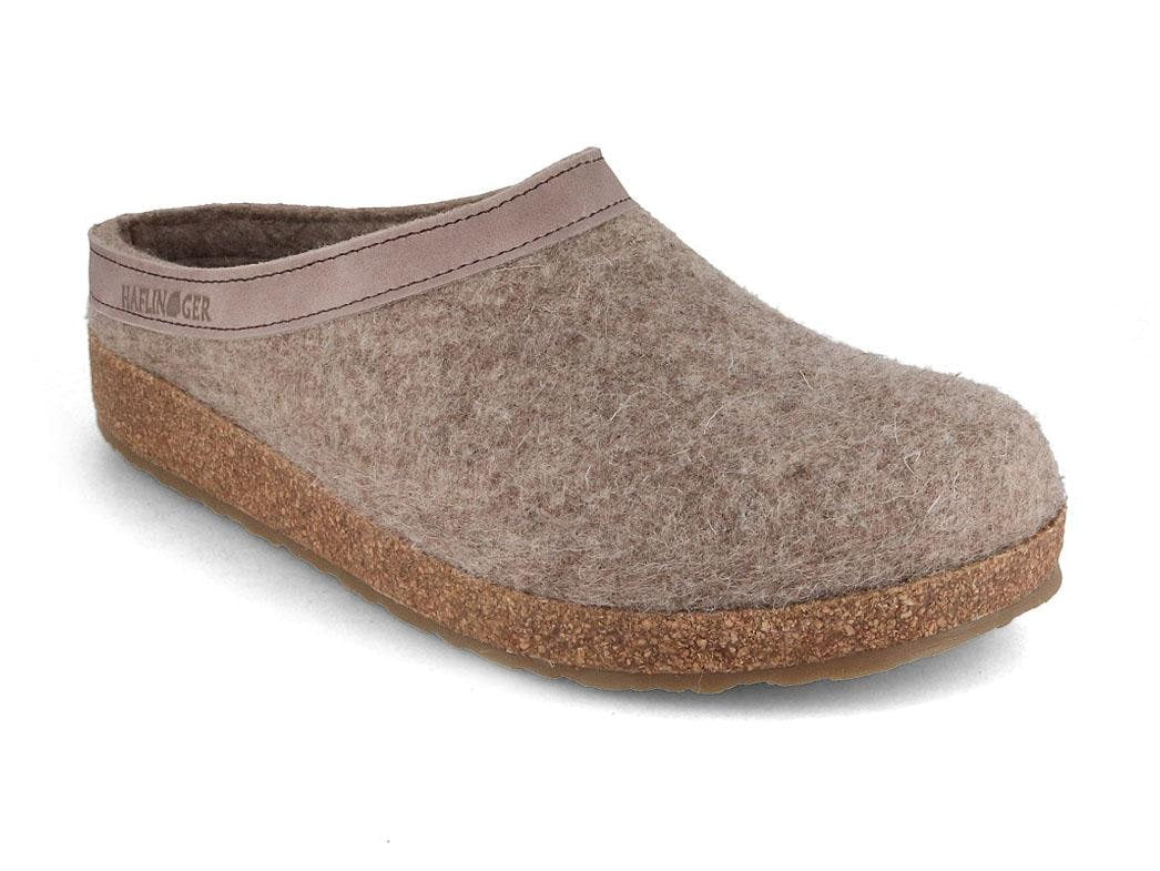 HAFLINGER Grizzly GZL earth beige showing an earth-beige felt upper and low open heel