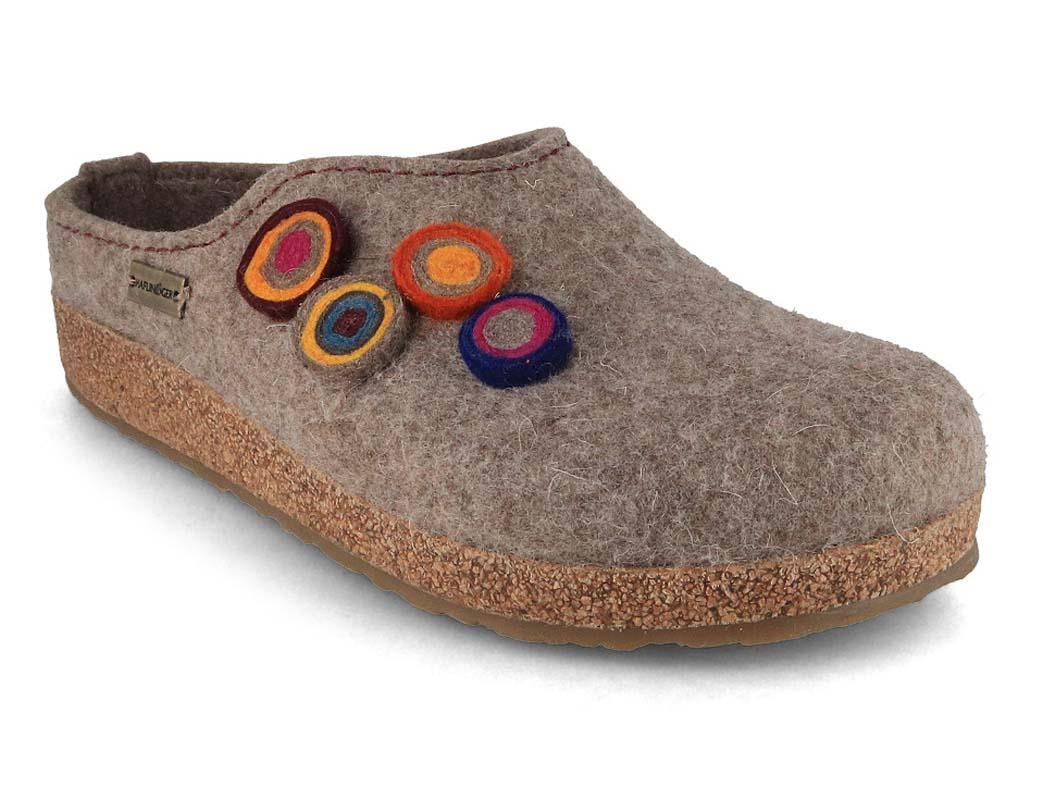 HAFLINGER Grizzly Chloe showing an earth-taupe felt upper with colorful circular appliques