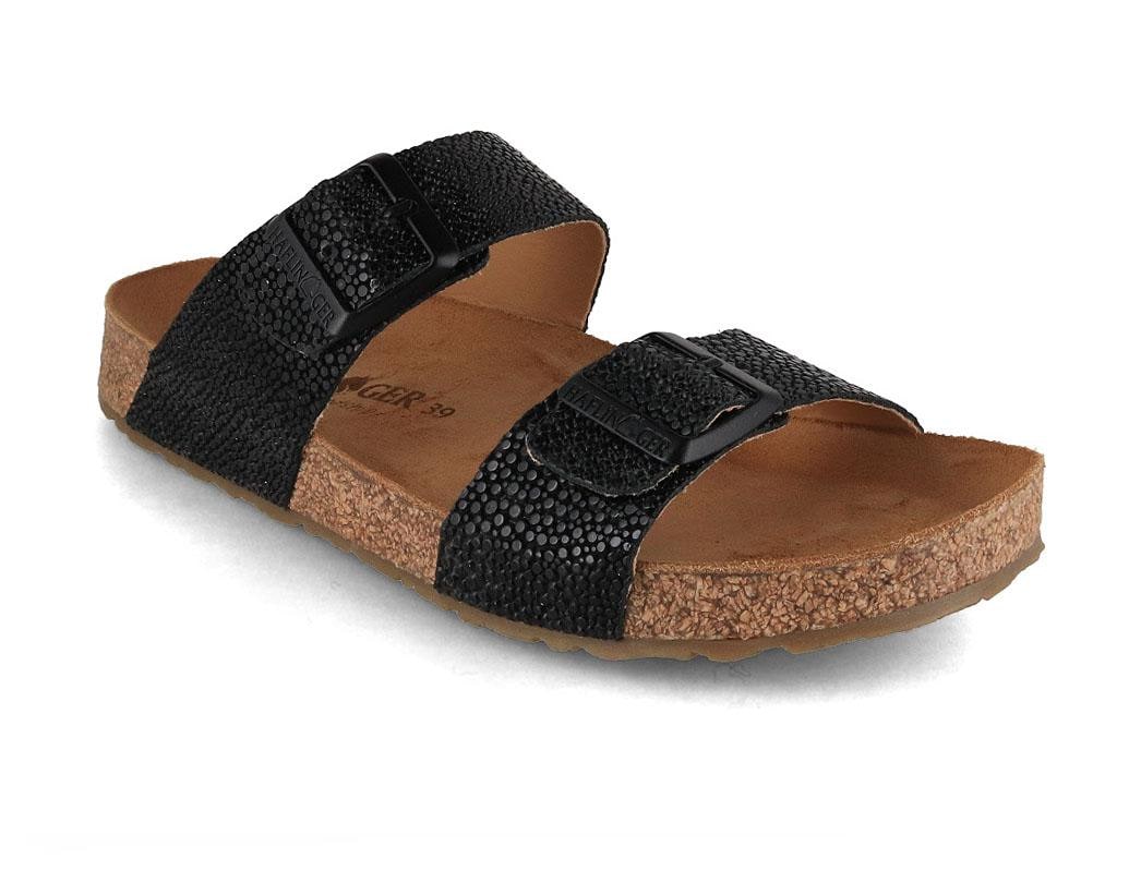 HAFLINGER Bio Andrea black raie showing two black textured straps and exposed cork footbed