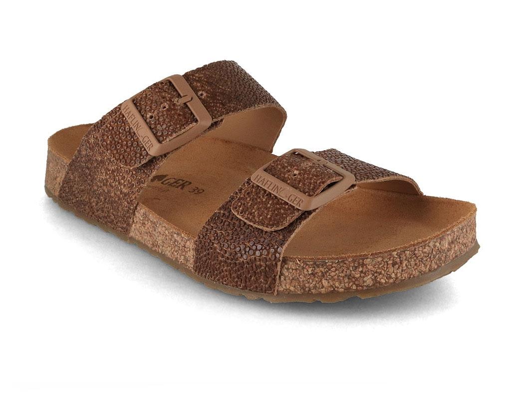 HAFLINGER Bio Andrea brown raie showing two brown textured straps and exposed cork footbed