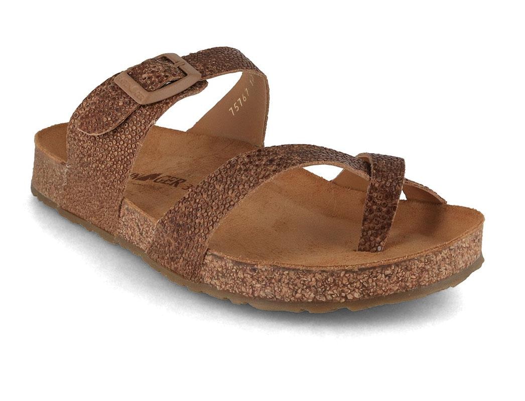 HAFLINGER Bio Juno brown raie showing textured brown straps, a toe loop, and an ankle strap