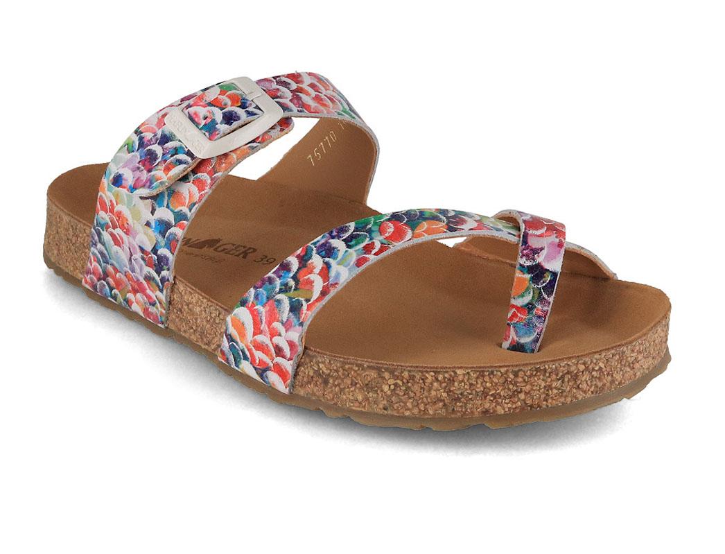 HAFLINGER Bio Juno showing a multicolor bubble-print leather upper with a toe loop and broad instep strap