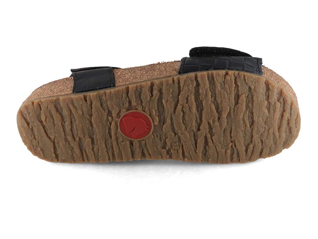 HAFLINGER Ellie Women's Leather Sandals in Black, outsole view; pair lifestyle layout