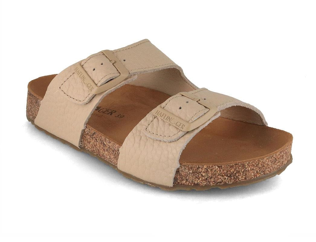 HAFLINGER Bio Bonnie cream showing two cream leather straps with large tonal buckles