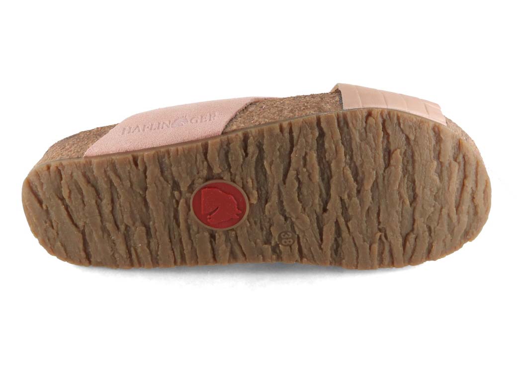 HAFLINGER Bio Mio Leather Mules in Rose, outsole view; pair lifestyle layout