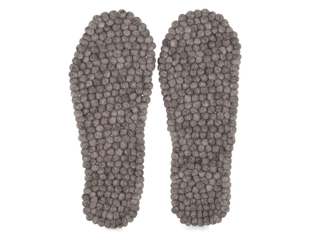 WoolFit FeelGood Footbeds showing stone-gray wool footbeds with a raised pebble-like surface