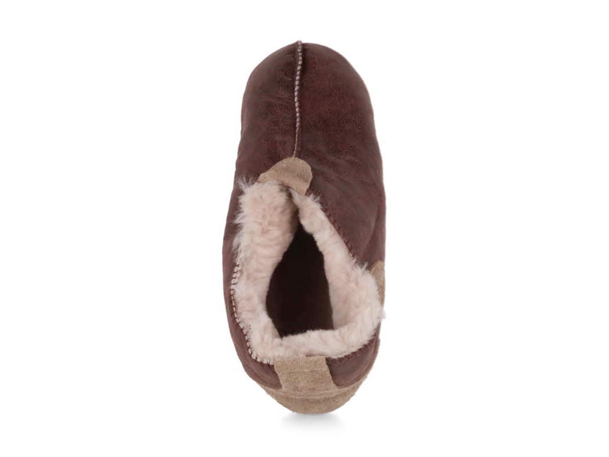 Lammbock Texel brown slipper boot, top view showing shearling lining
