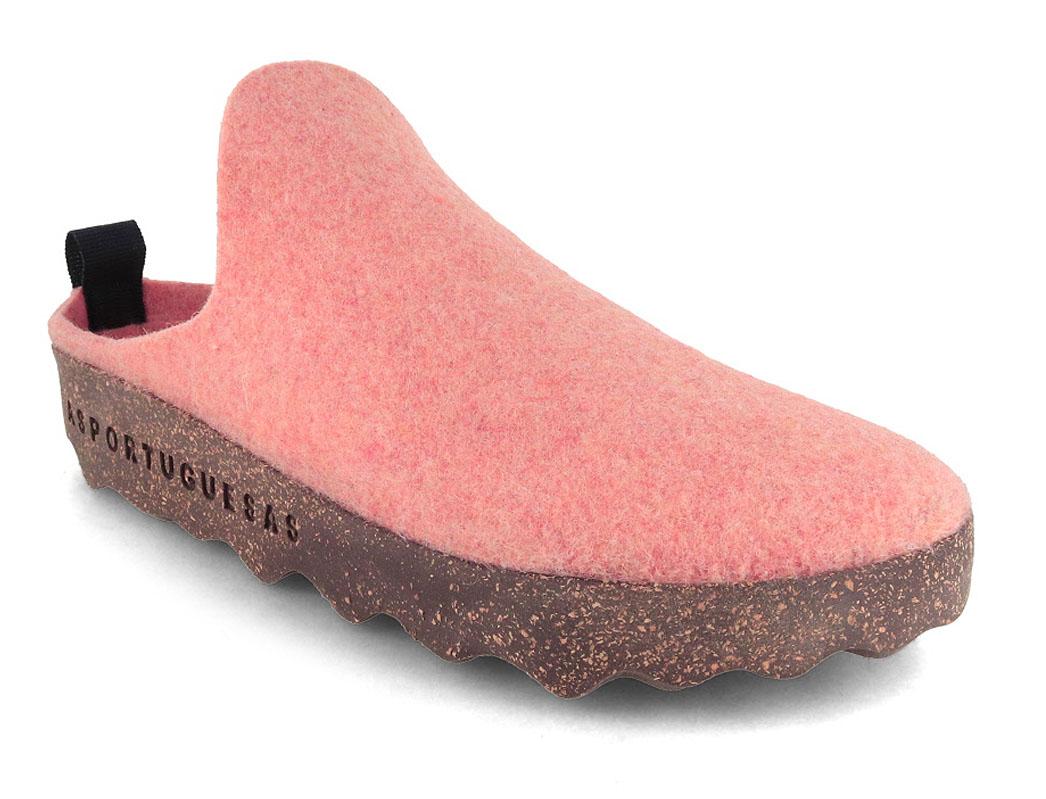 ASPORTUGUESAS Come showing a salmon-pink felt upper on a dark speckled cork-rubber sole