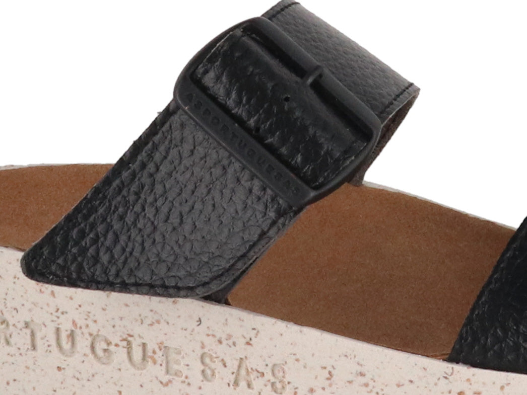 Close view of black Coly sandal buckle and upper
