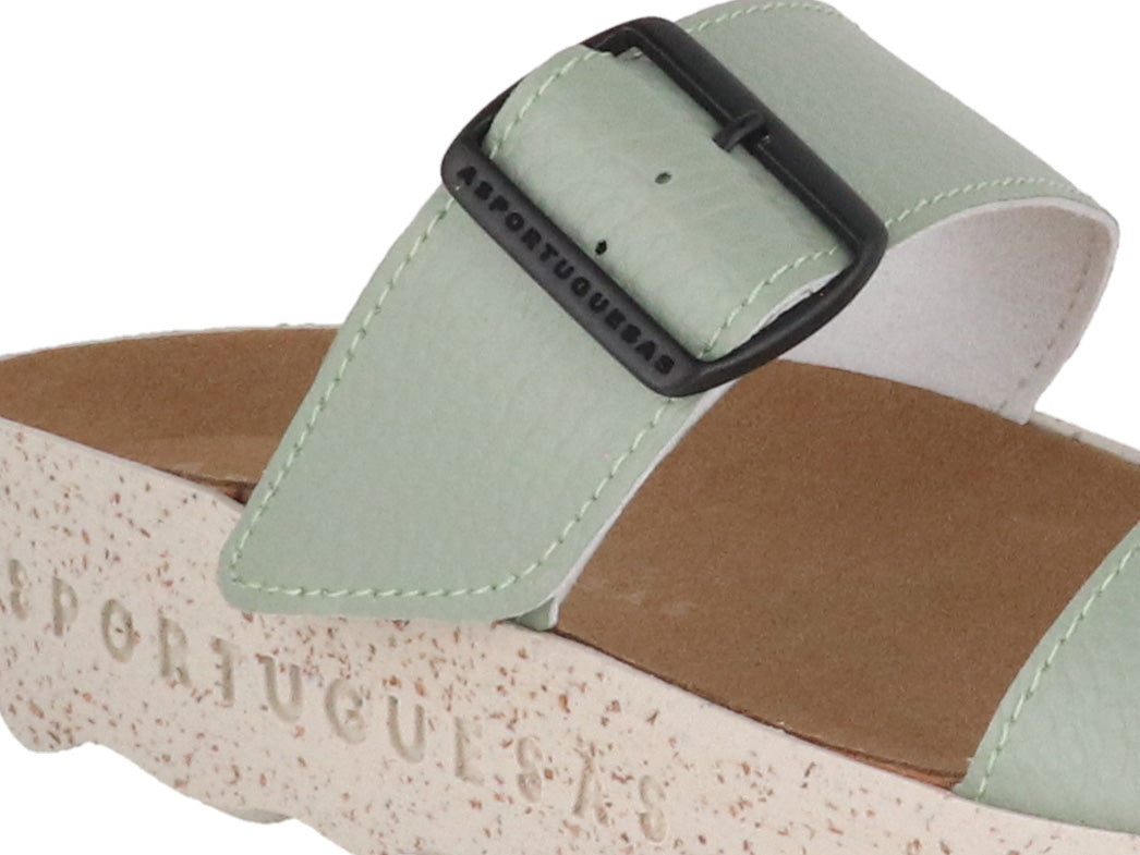 Close view of green Coly sandal buckle and upper