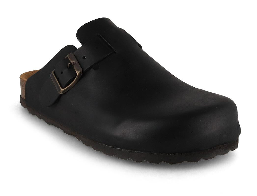 Tuffeln Helgoland showing a black leather upper with an adjustable buckle strap