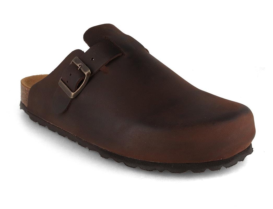 Tuffeln Helgoland showing a dark testa-di-moro leather upper with an adjustable buckle strap