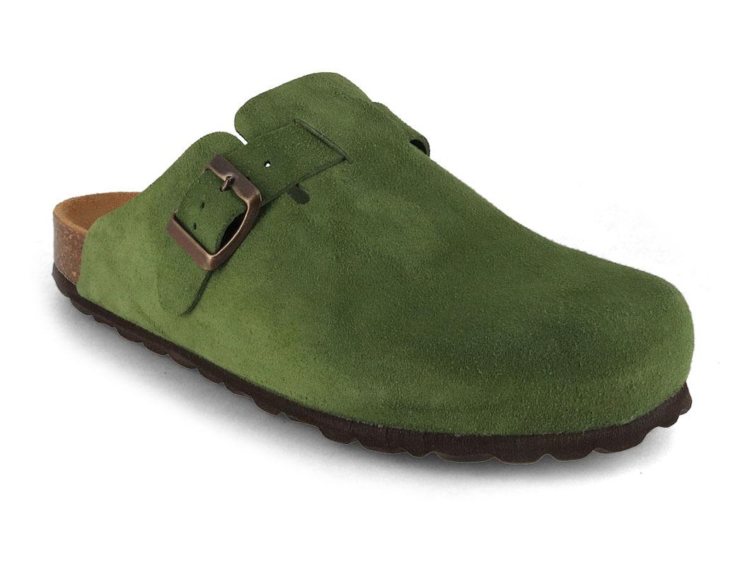 Tuffeln Helgoland showing a green nubuck upper with an adjustable buckle strap