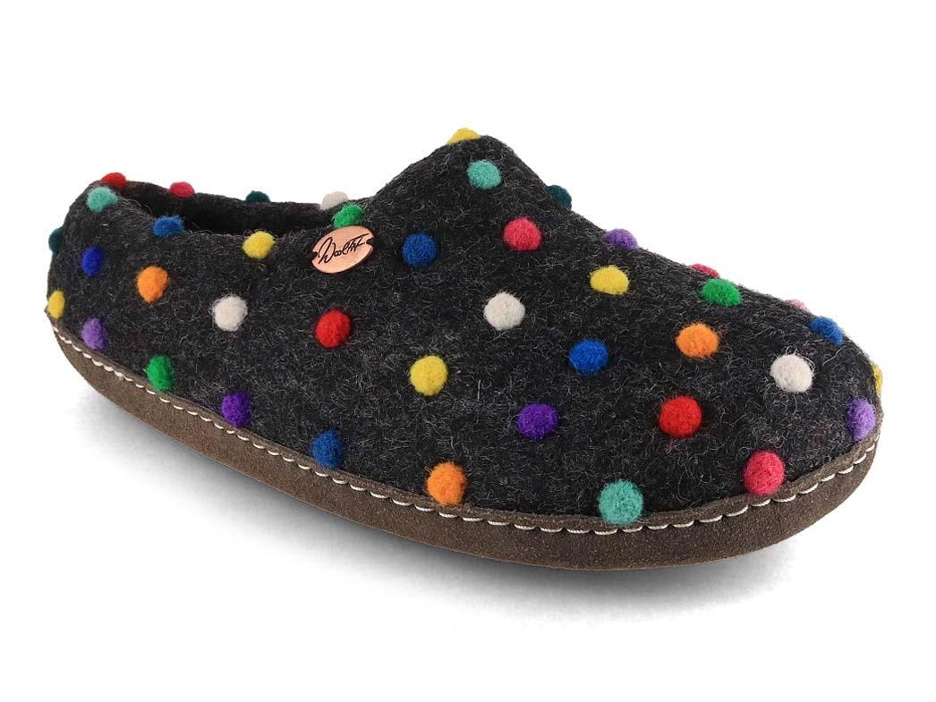 WoolFit Footprint showing a dark-gray felt upper covered with colorful raised dots