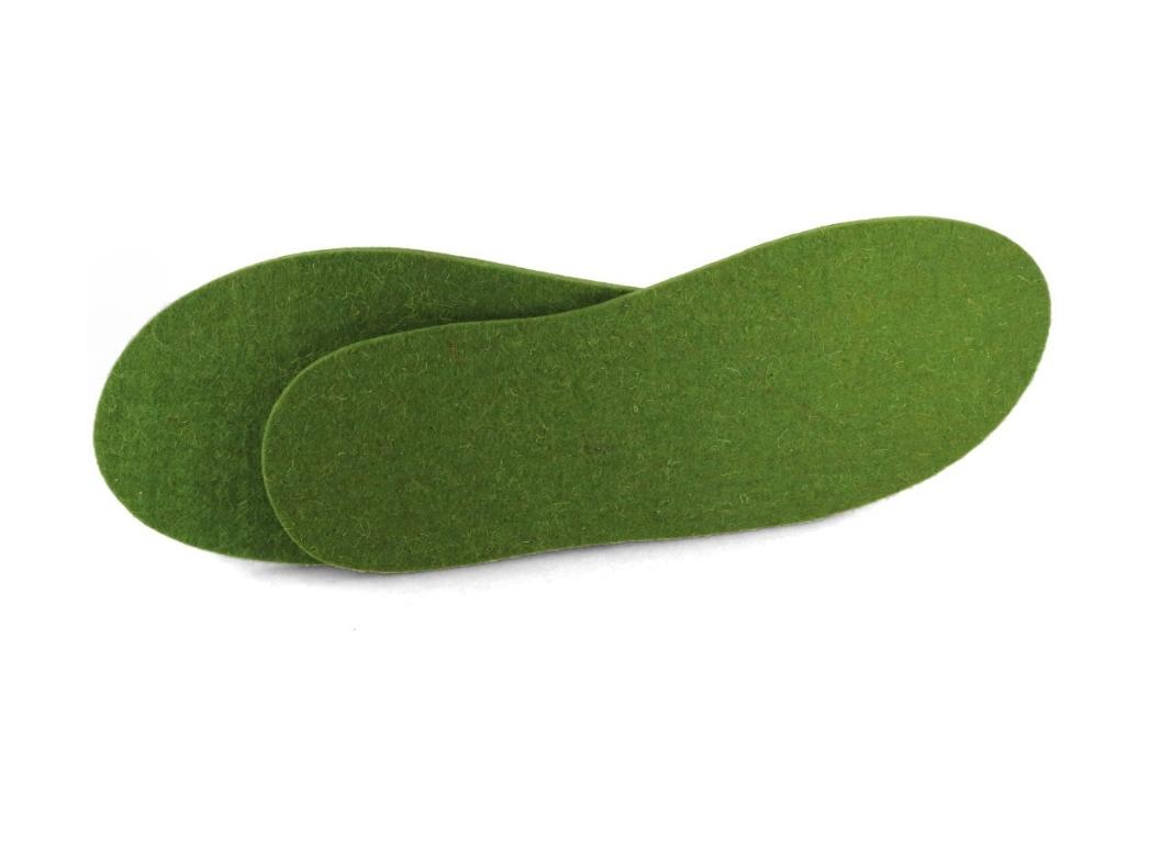 WoolFit Extra-Thick Felt Insoles showing grass-green extra-thick felt inserts