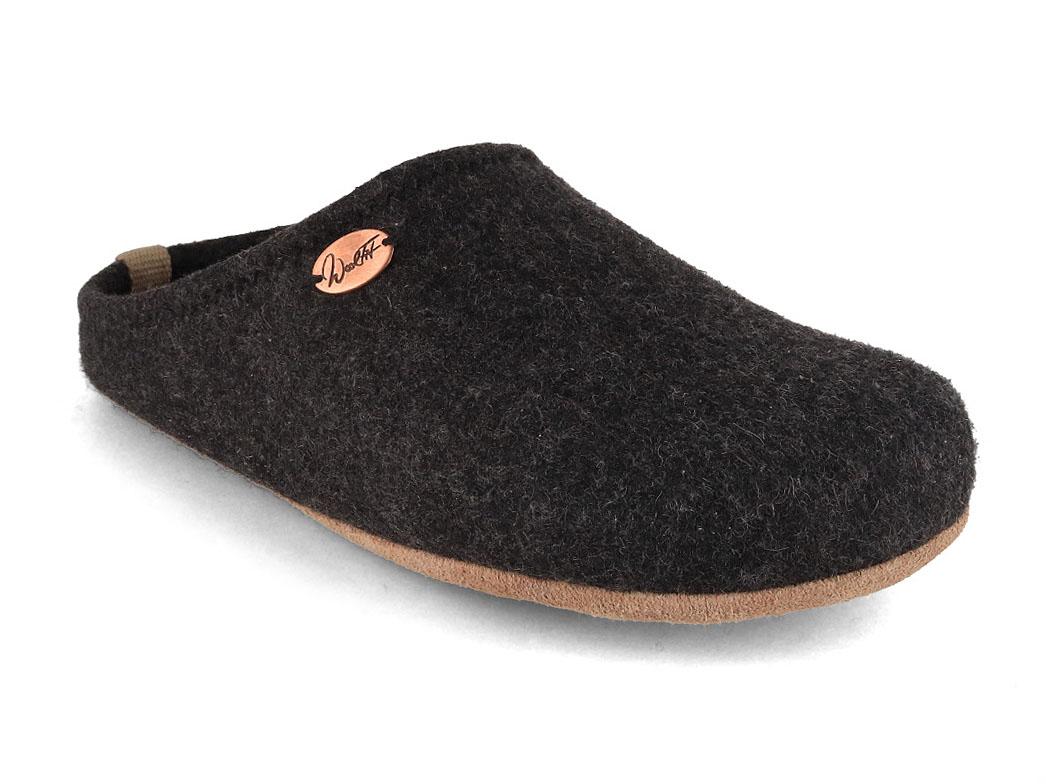 WoolFit BareFoot showing a plain gray felt upper with a broad toe box and low open heel