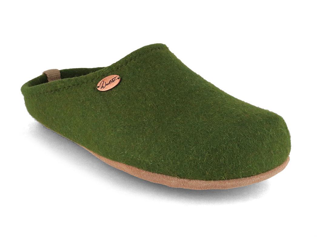WoolFit BareFoot showing a plain green felt upper with a broad toe box and low open heel