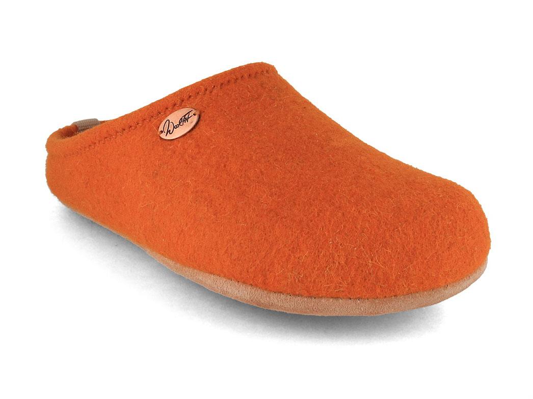 WoolFit BareFoot showing a plain orange felt upper with a broad toe box and low open heel