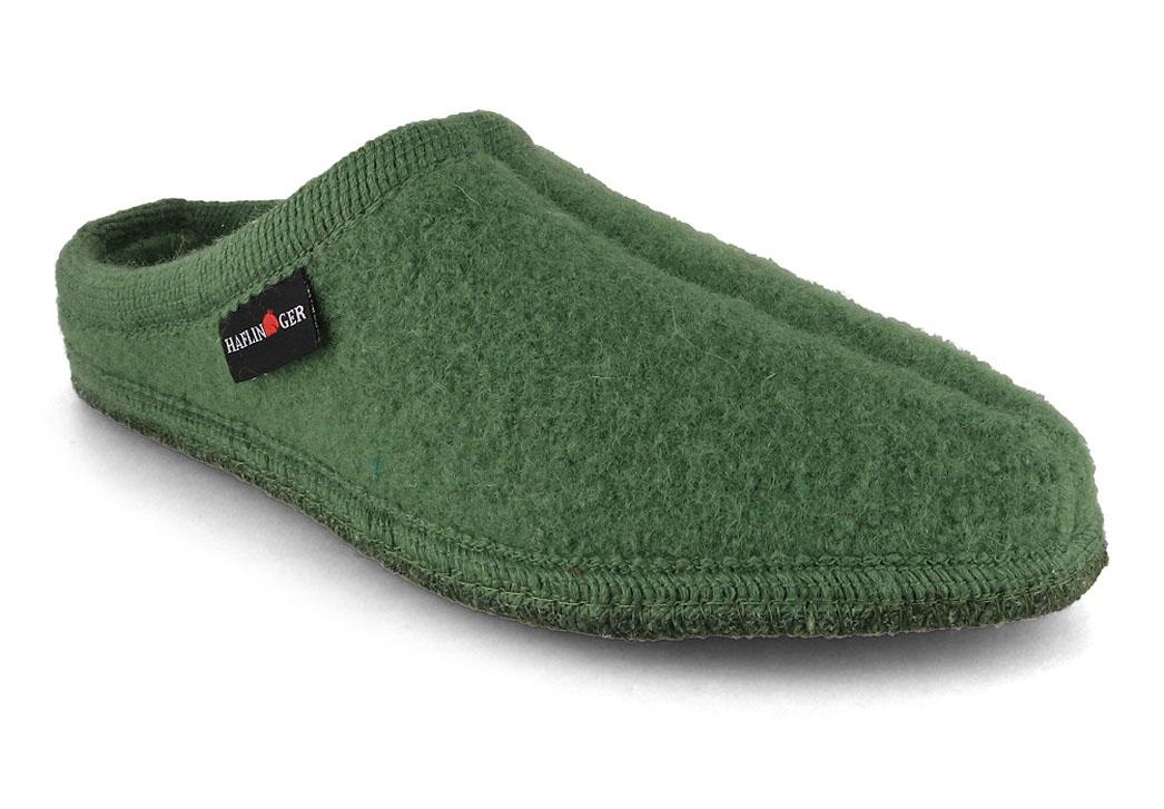HAFLINGER Alaska fern green boiled wool slipper, close-up three-quarter view