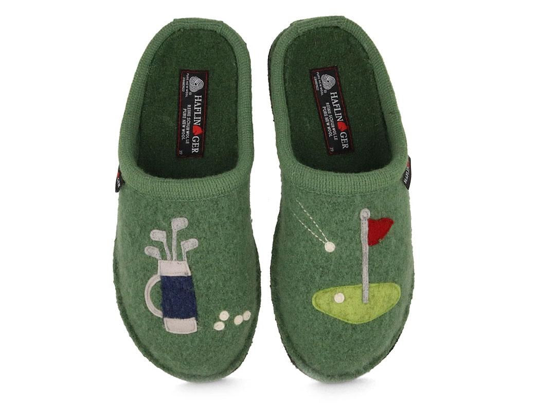 HAFLINGER Flair Golf fern-green boiled wool slipper pair with golf bag and flag appliqués, close-up top view