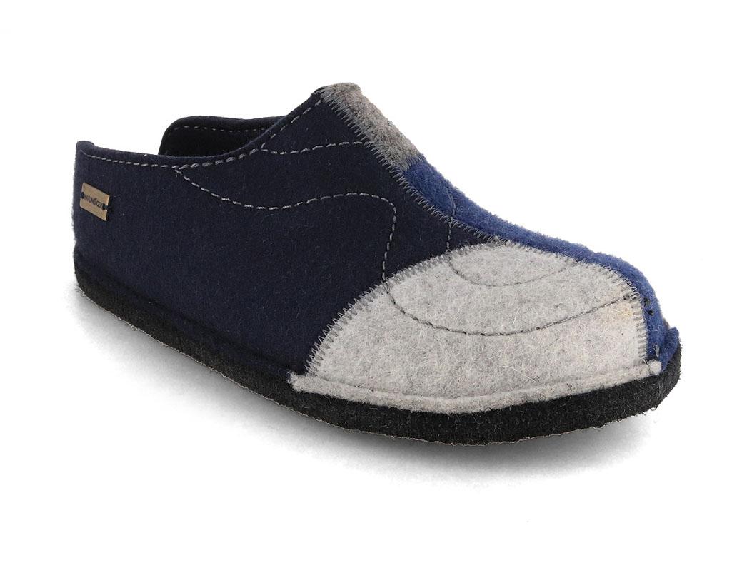 HAFLINGER Flair Puzzle navy and gray wool felt slipper, close-up three-quarter view