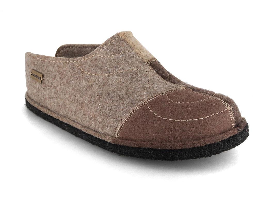 HAFLINGER Flair Puzzle taupe and brown wool felt slipper, close-up three-quarter view