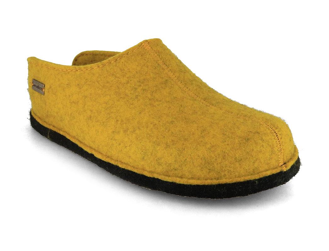 HAFLINGER Flair Smily curry yellow wool felt slipper, close-up three-quarter view