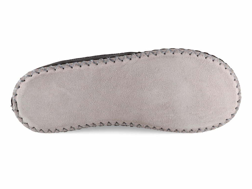 Light-colored outsole of Tuffeln Urig dark and light gray wool slippers, bottom view
