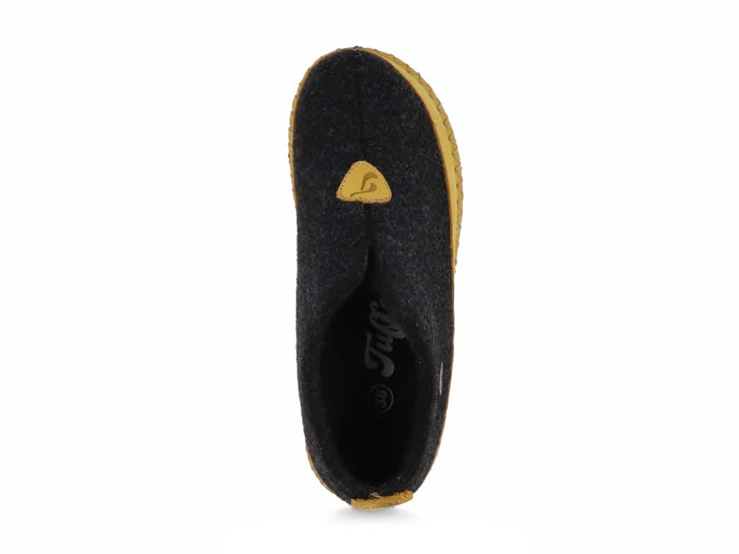 Tuffeln Urig gray and yellow wool slippers, top view