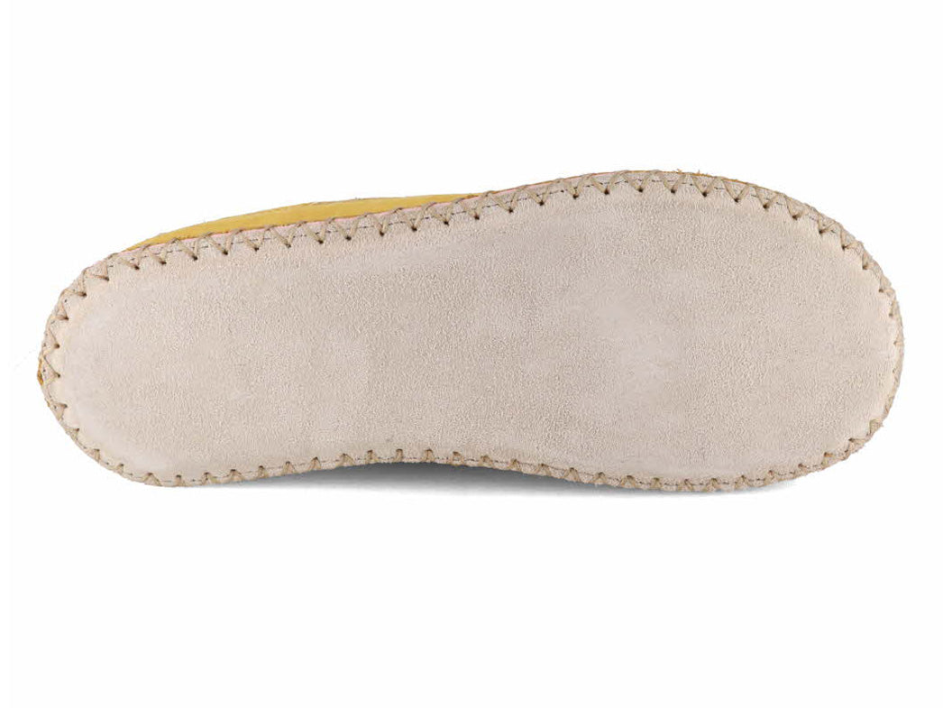 Light-colored outsole of Tuffeln Urig gray and yellow wool slippers, bottom view