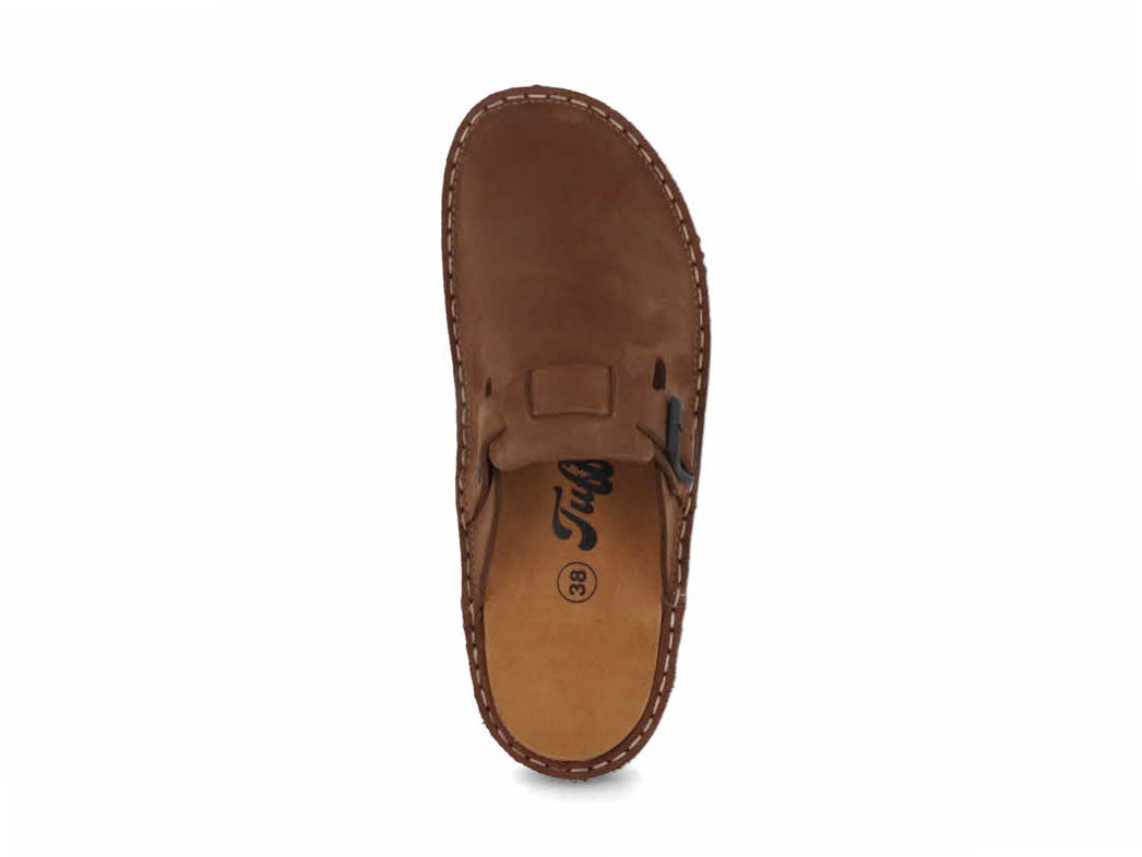 Tuffeln Galant brown leather clog, top view