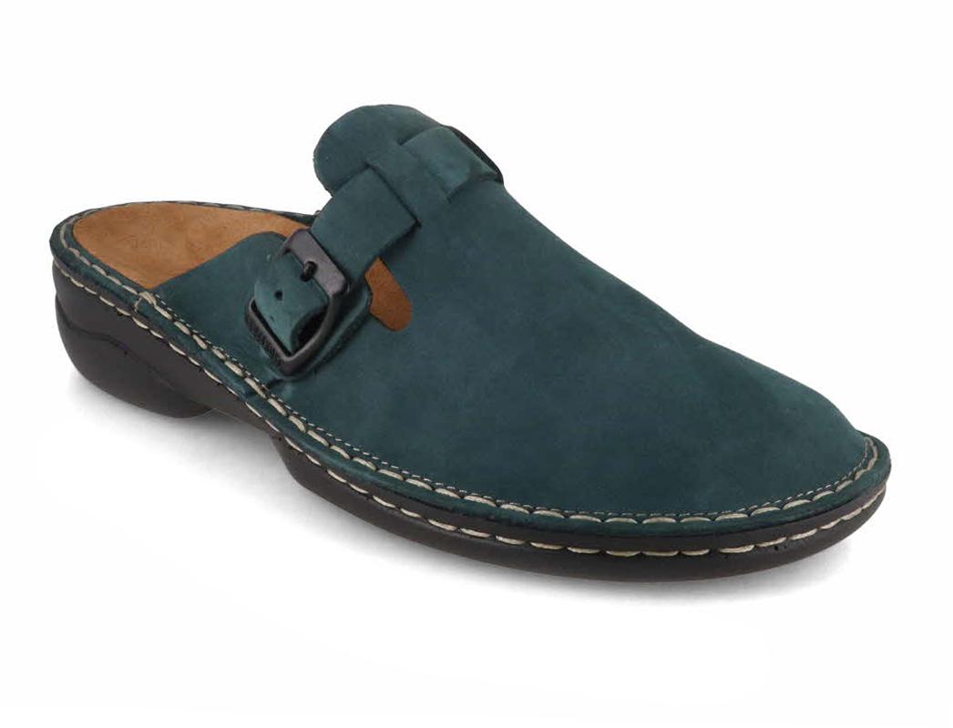 Tuffeln Galant blue women's leather clogs, front three-quarter view