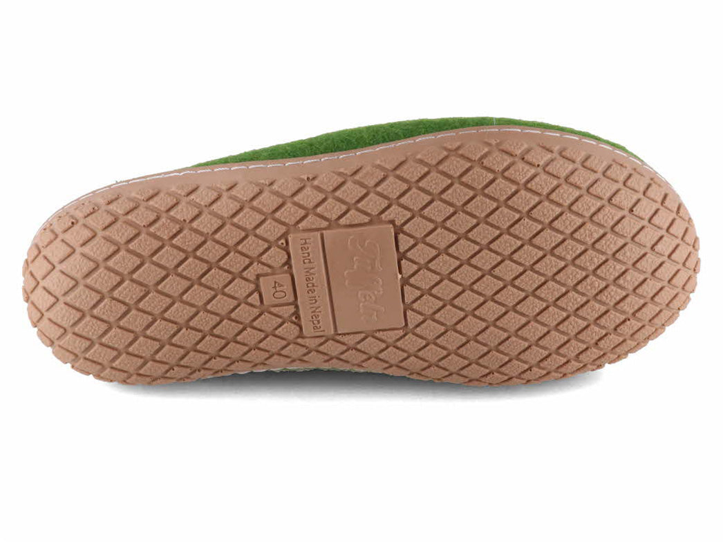 Tan geometric-tread outsole of Tuffeln Pantuffel green wool felt slippers, bottom view