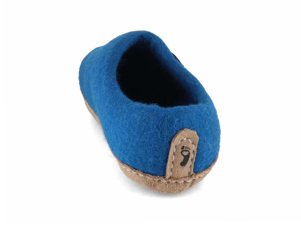 WoolFit Footprint royal blue wool slipper, rear three-quarter view