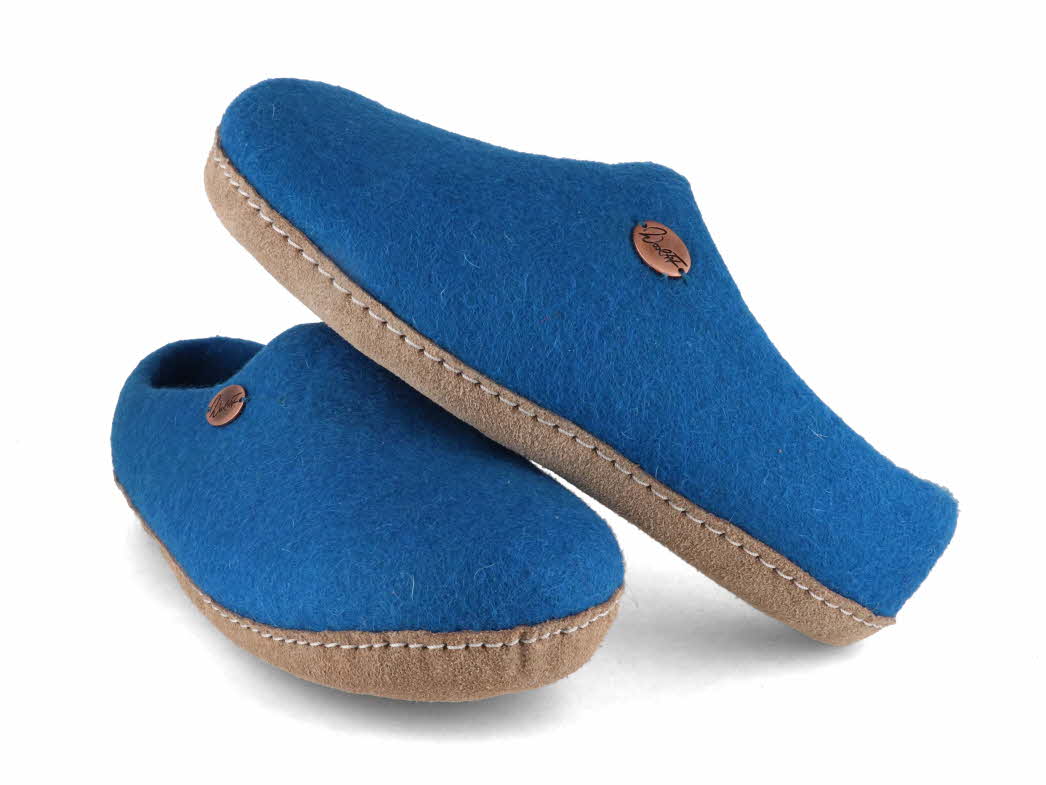 Pair of WoolFit Footprint royal blue wool slippers, stacked view