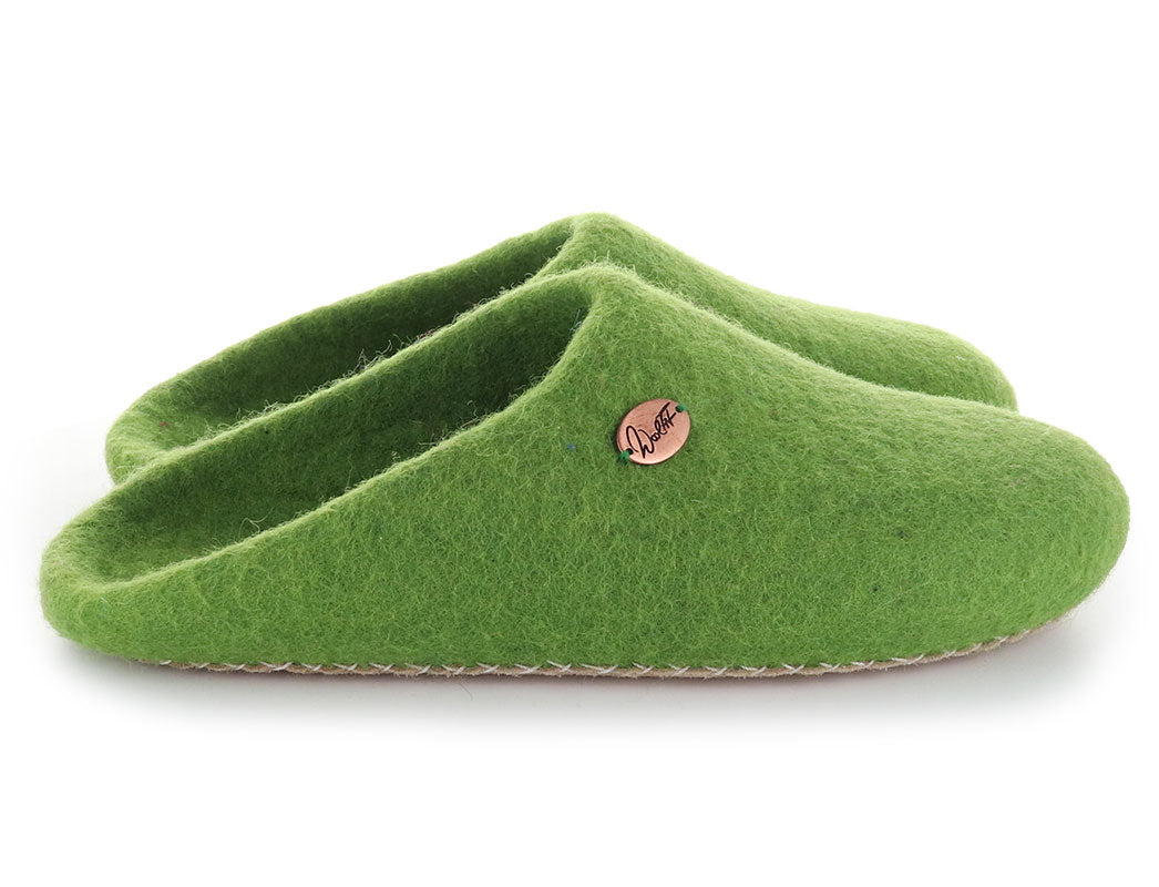 WoolFit Tibet Hand-Felted Wool Slippers in Grass Green, wool felt, detail close-up