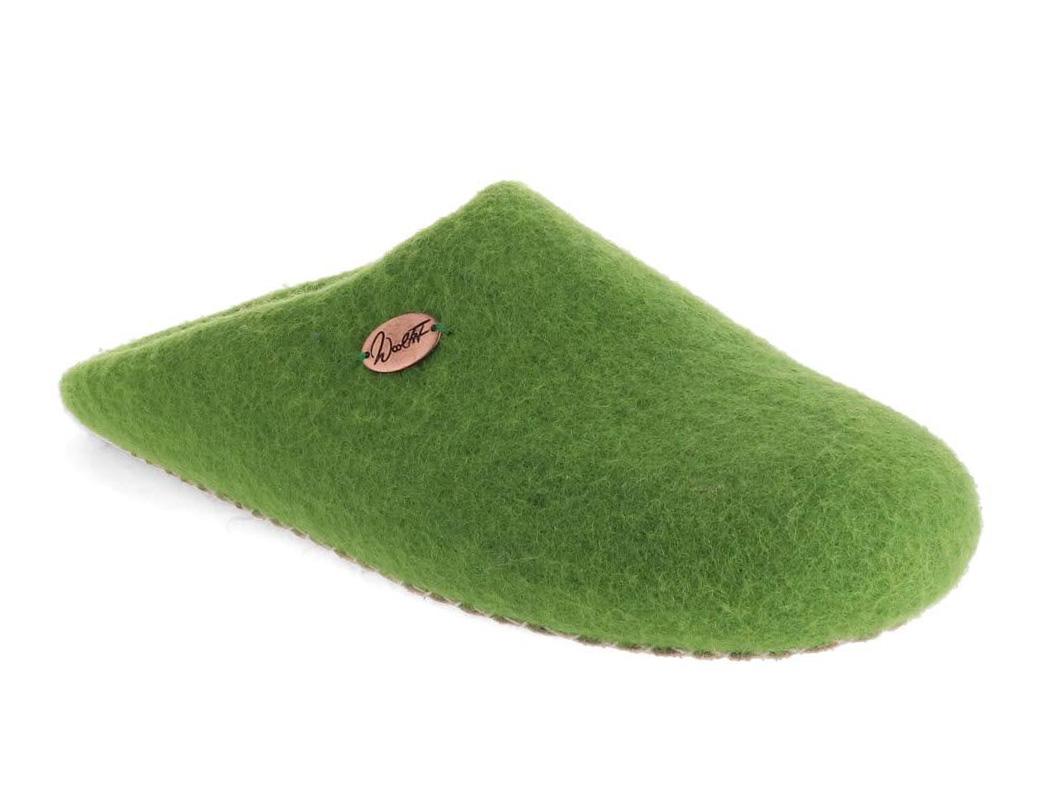 WoolFit Tibet Hand-Felted Wool Slippers in Grass Green, wool felt, front three-quarter view