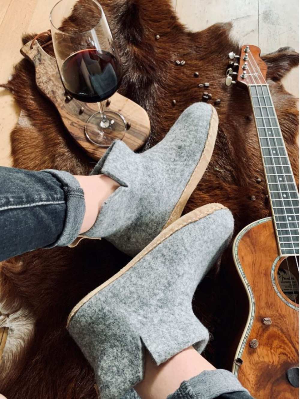 WoolFit Yeti Hand-Felted Wool Slipper Boots in Stone Gray, wool felt, inner side profile; inner medial profile